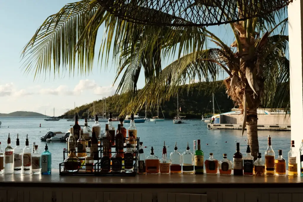 A view of the bar in Cruz Bay, St. John, with bottles of liquor on display, overlooking the harbor and palm trees, taken during a bar hopping night trip from St. Thomas.