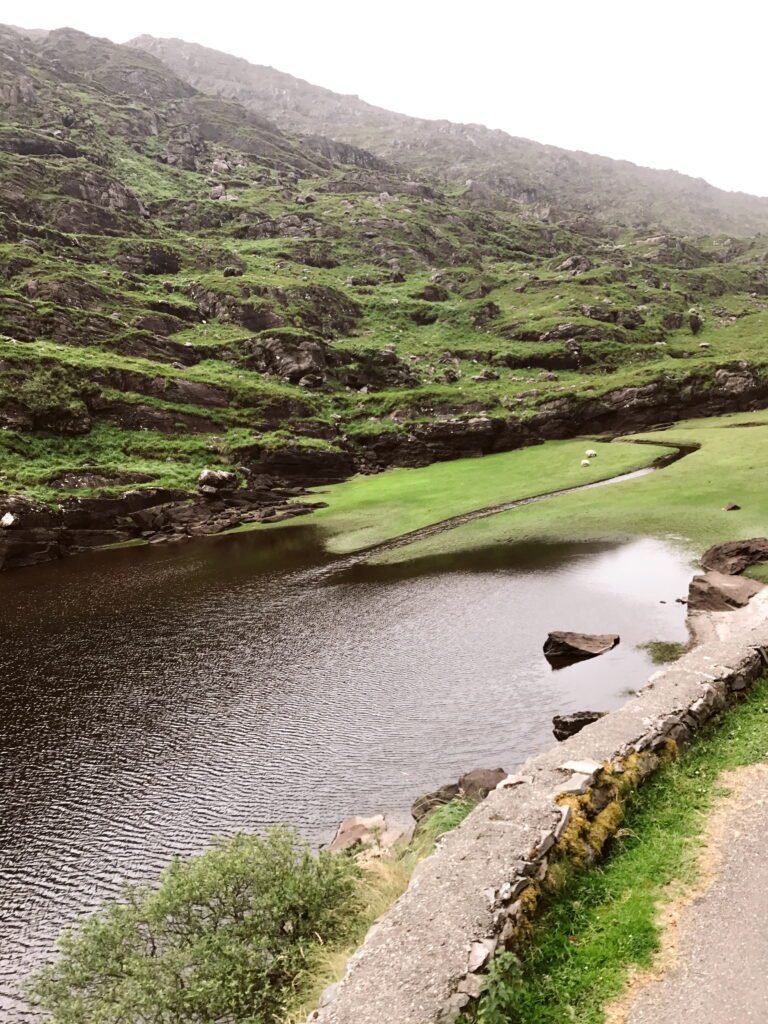 A peaceful lake nestled between green, rocky hills in the Gap of Dunloe, with sheep grazing on the grassy banks.