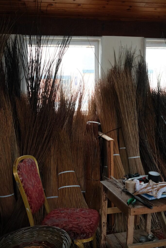 Bundles of natural materials used for traditional Irish basket weaving, displayed in a workshop, showcasing the craftsmanship behind handmade Irish souvenirs.