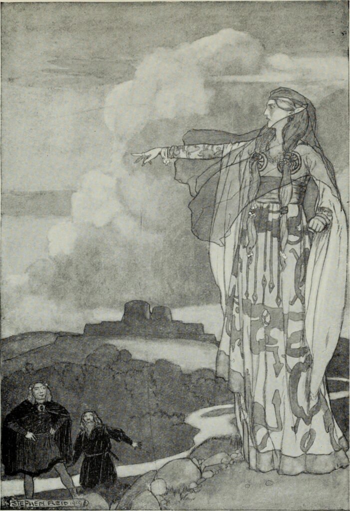 An illustration by Stephen Reid from 1904, showing a powerful female figure in Celtic attire, possibly a queen or goddess, pointing into the distance. The scene is rooted in Irish mythology, with two figures observing in the background, reflecting Irish history, folklore, and culture. Ideal for exploring what to read, watch, and listen to before visiting Ireland.