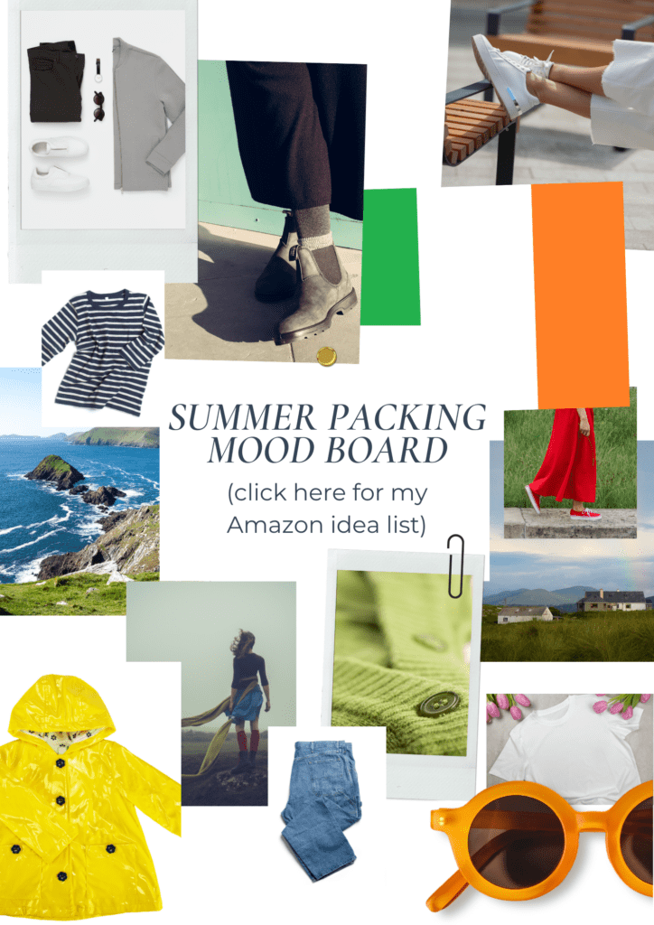 Summer packing mood board for a trip to Ireland, featuring versatile travel essentials like a waterproof rain jacket, comfortable walking shoes, jeans, sweaters, and sunglasses. Perfect for exploring Ireland's unpredictable weather in June, July, and August. Includes fashion inspiration for both city and countryside adventures, with a clickable link to an Amazon idea list for more packing tips.