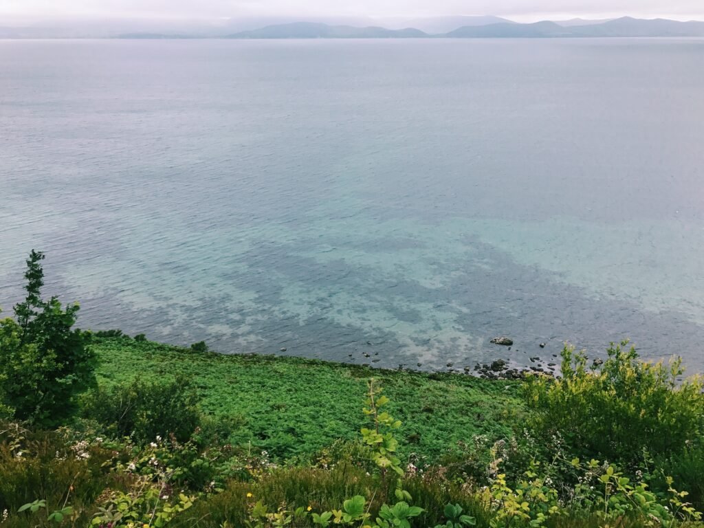 Scenic coastal view along the Ring of Kerry, Ireland, showcasing lush greenery, clear turquoise waters, and distant mountains under a cloudy sky.